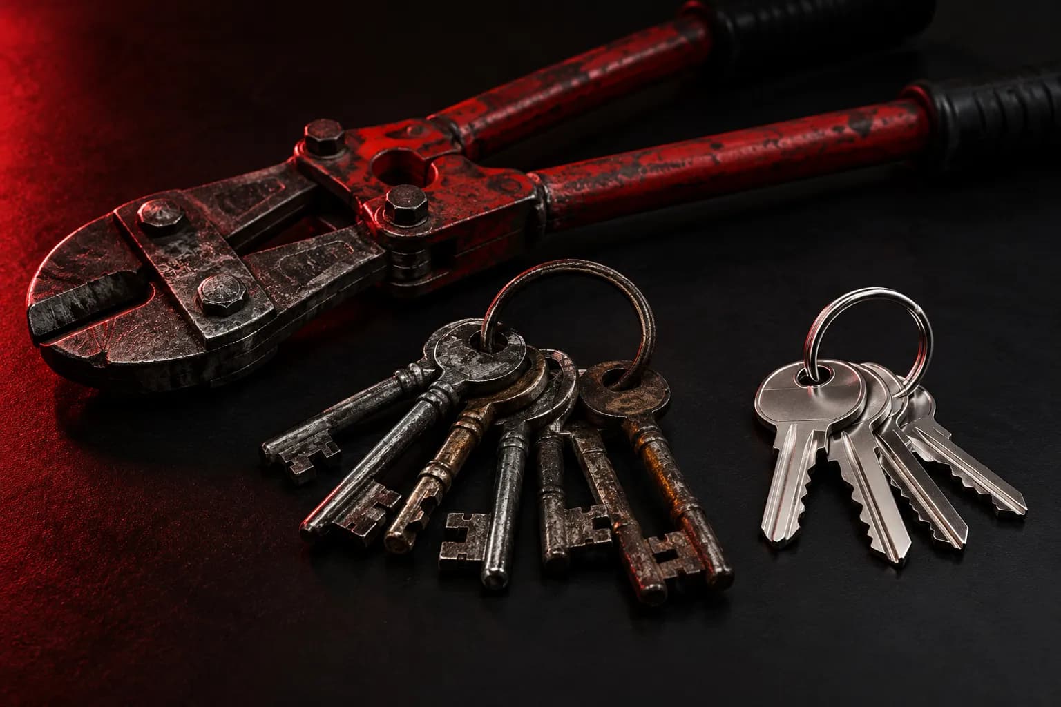 Llavero con llaves viejas junto a un cortafríos y un juego de llaves nuevas sobre un escritorio negro