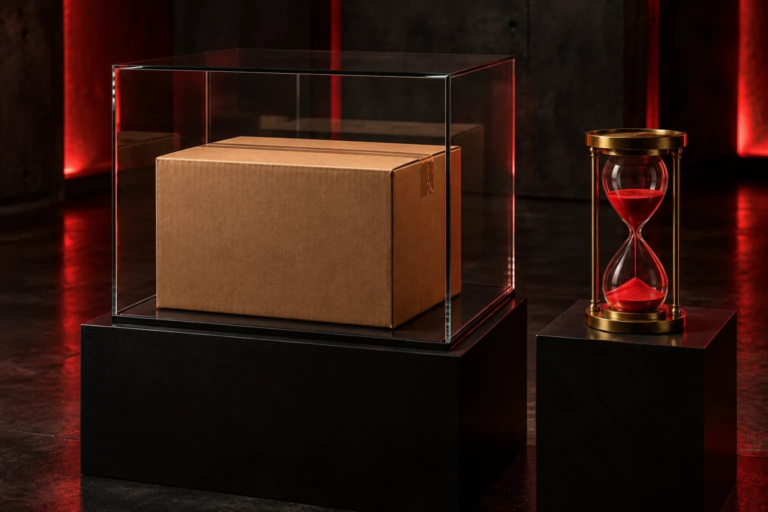 Caja de cartón sellada dentro de una vitrina de vidrio junto a un reloj de arena con arena roja