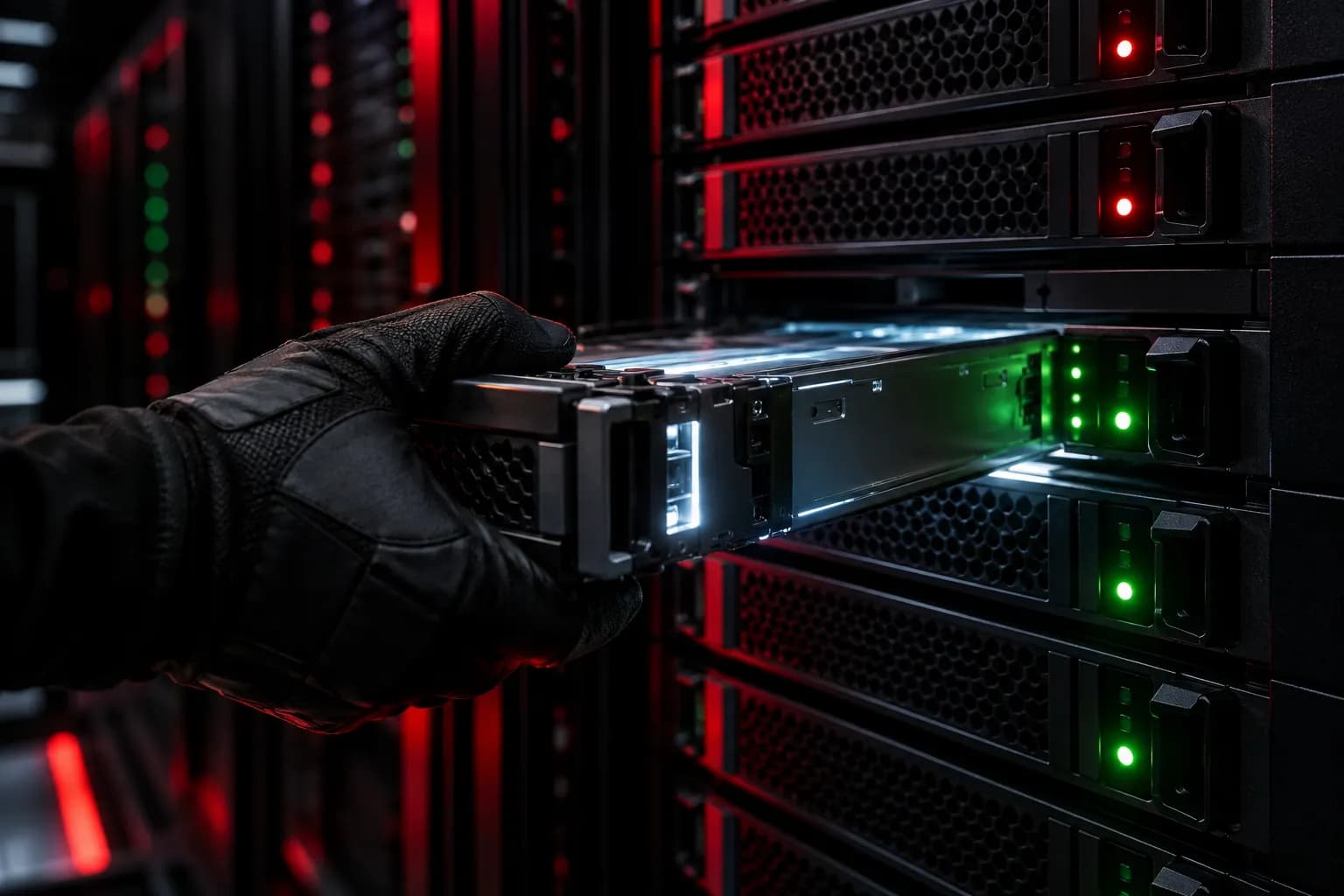 Mano con guante instalando un módulo nuevo en un rack de servidores con luces de estado rojas y verdes