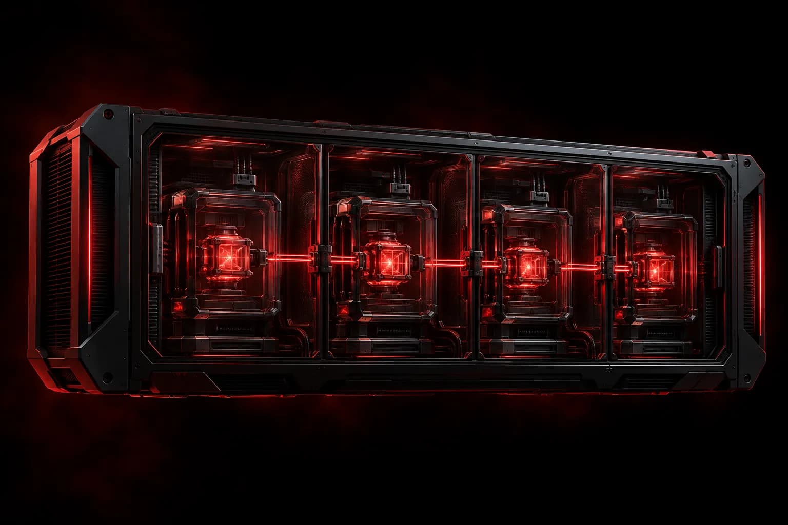 Servidor negro dividido en compartimentos sellados con núcleos rojos, como máquinas virtuales independientes