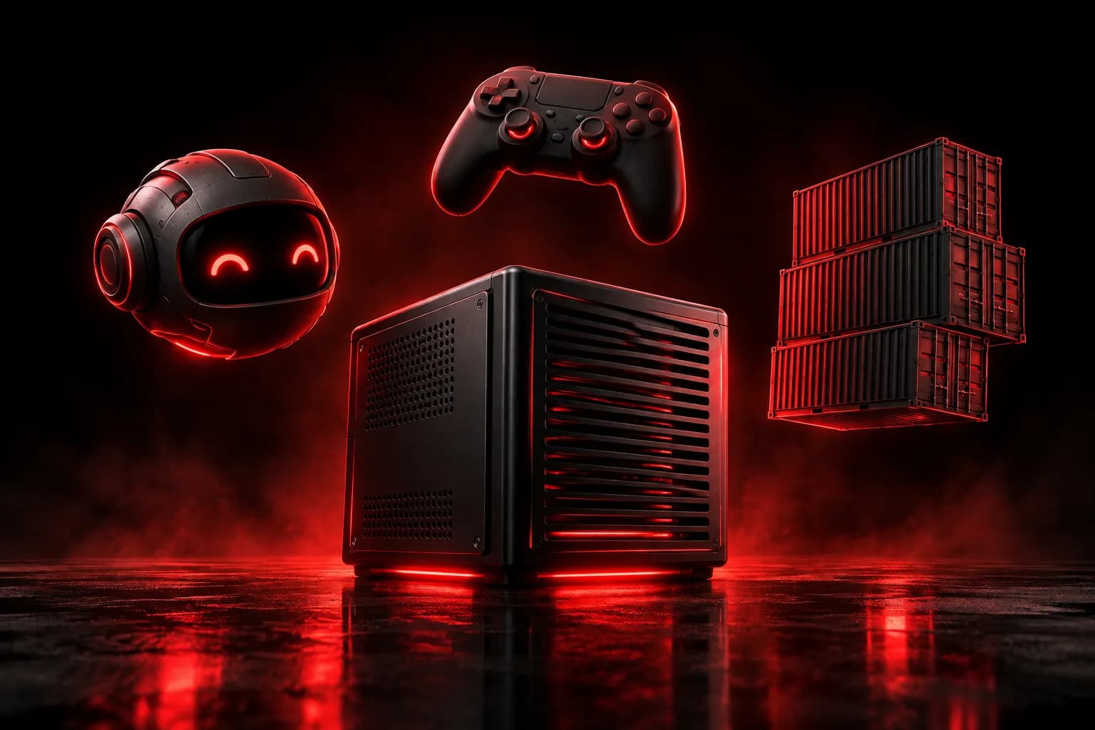 Servidor compacto con luz roja rodeado de una cabeza de robot, un control de videojuegos y contenedores apilados