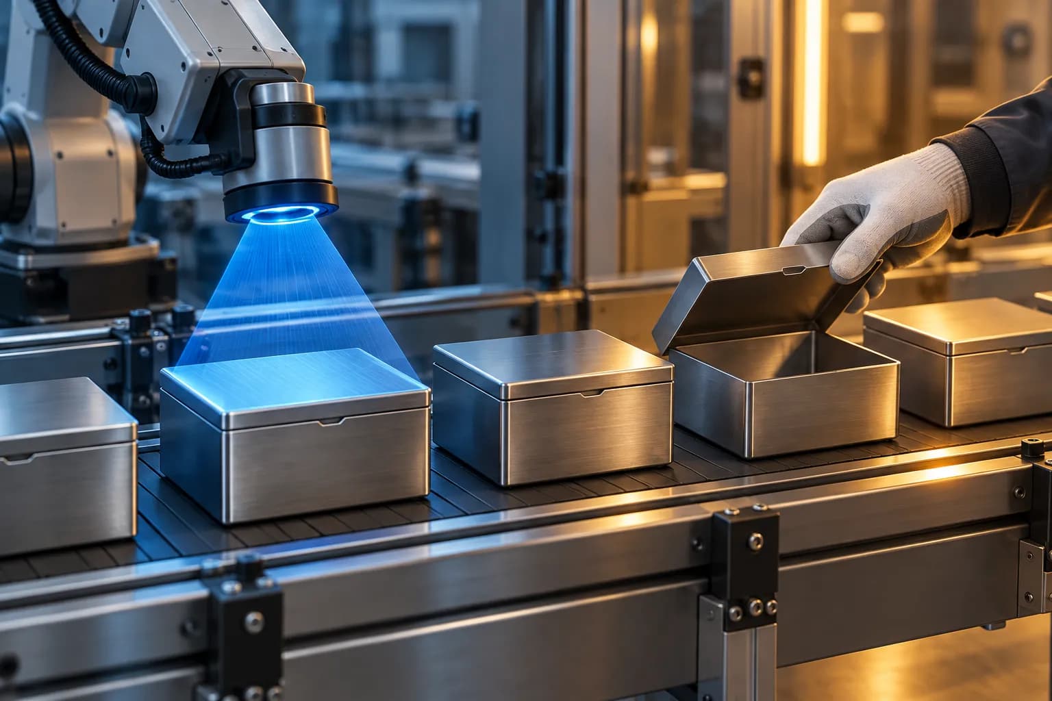 Brazo robótico que escanea cajas metálicas con luz azul junto a una mano con guante que abre una caja para revisarla