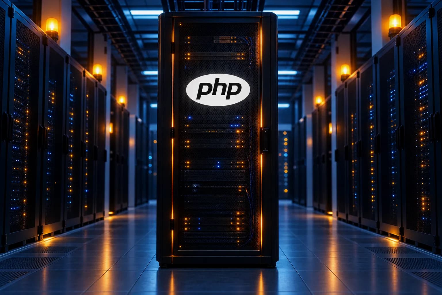 Rack de servidores con el logo de PHP en su panel frontal y luces de alerta en un centro de datos de noche