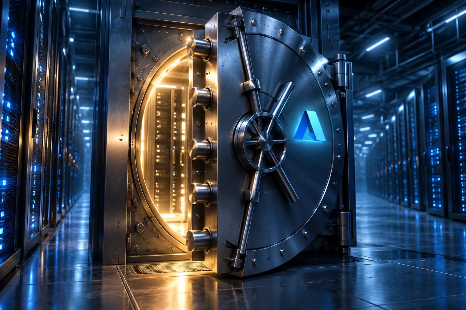 Puerta de bóveda de acero entreabierta en un pasillo de centro de datos con servidores iluminados