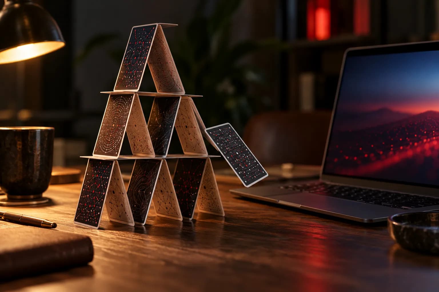 Castillo de naipes con patrones de código junto a una laptop encendida, con una carta a punto de caer