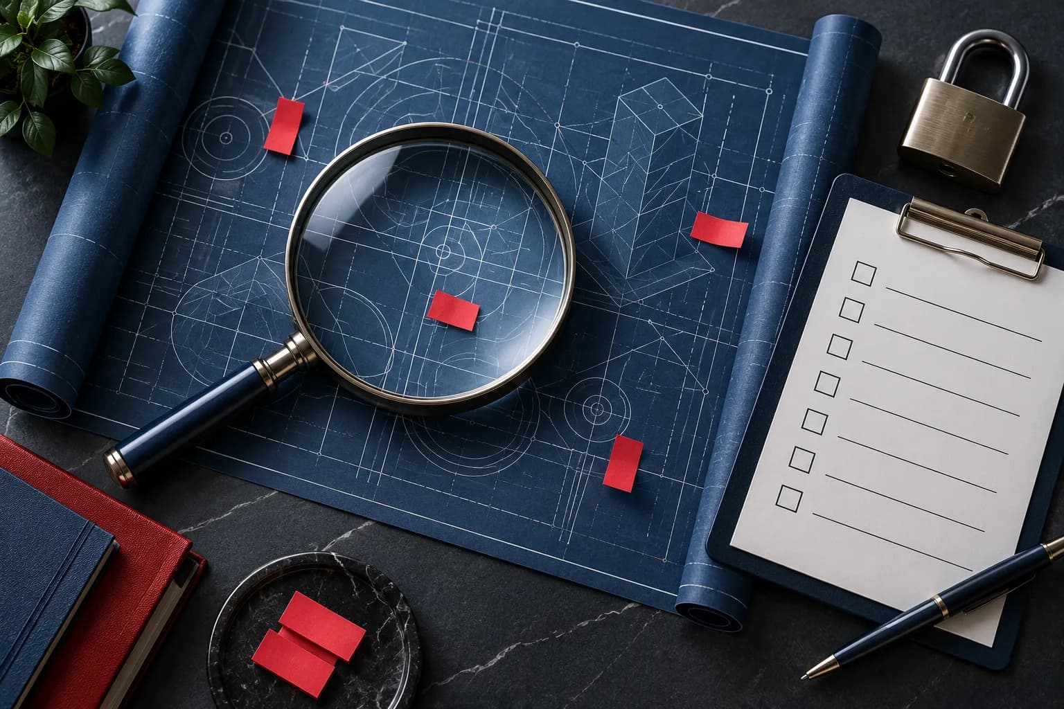 Lupa sobre un plano técnico con marcadores de colores, un candado y una lista de verificación